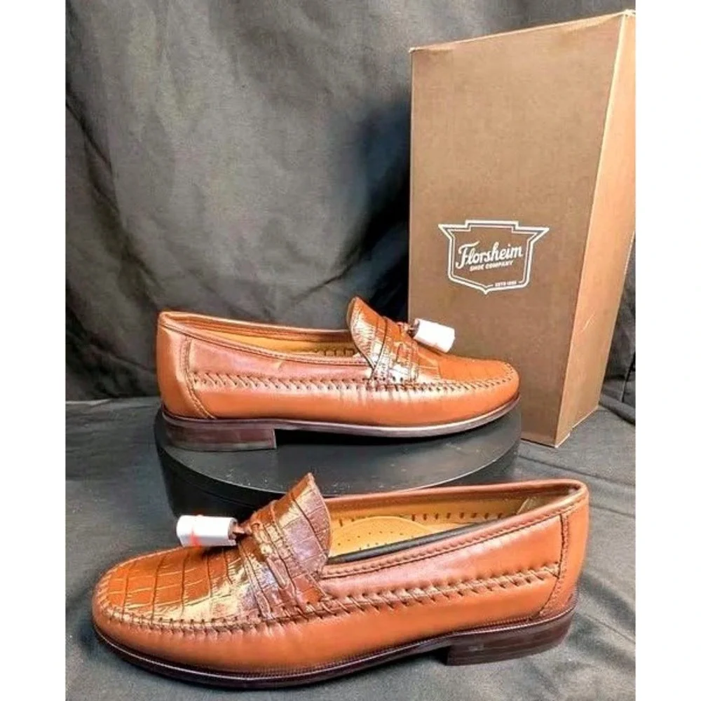 NIB~Florsheim Pisa 18469 Cognac Leather Croc Print Tassel Loafers~Men's Size 8 D